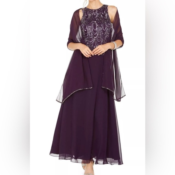 J Kara sleeveless beaded dress with matching scarf & sheer bolero cover up - Picture 1 of 12